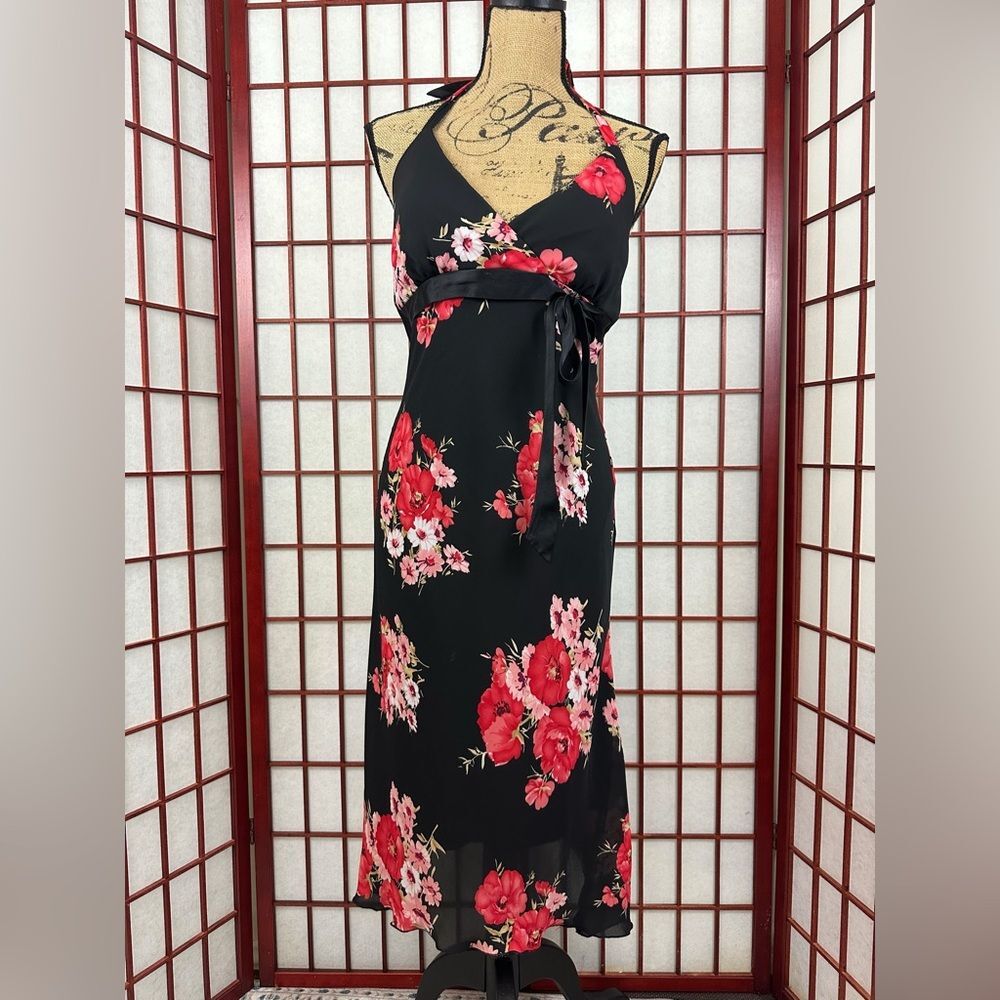 VTG Mariposa Black Pink Floral Romantic Cocktail Date Night Halter Midi Dress M